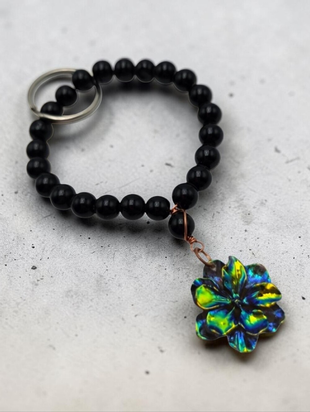 Handmade Black Beaded Key Chain with Iridescent Flower Charm